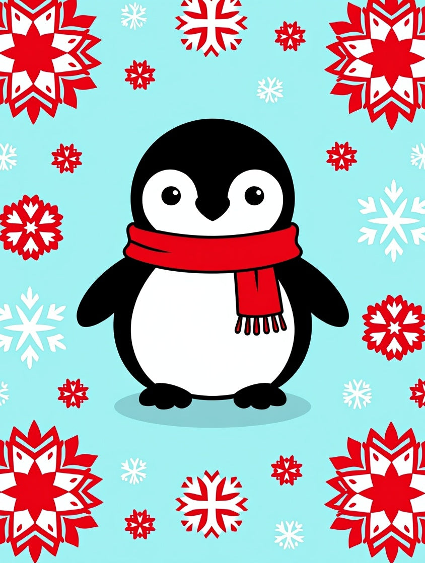 Charming Penguin Red Scarf Snowflakes Rug