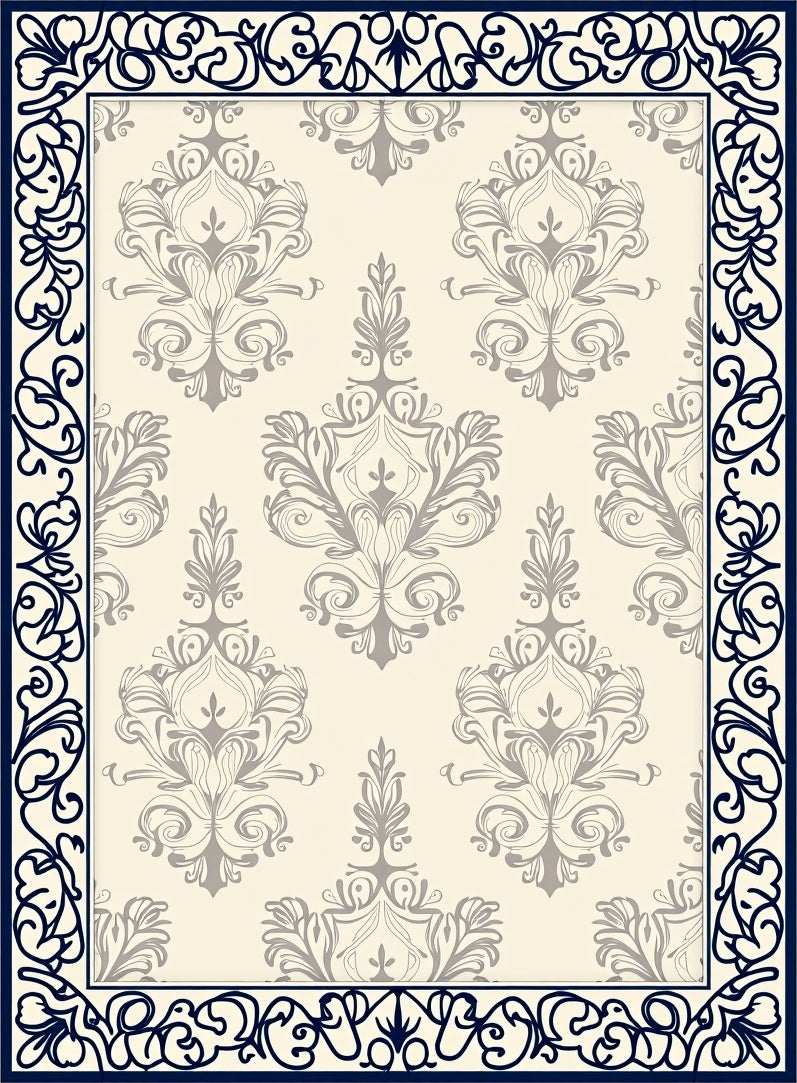 Cream Gray Baroque Damask Scroll Rug