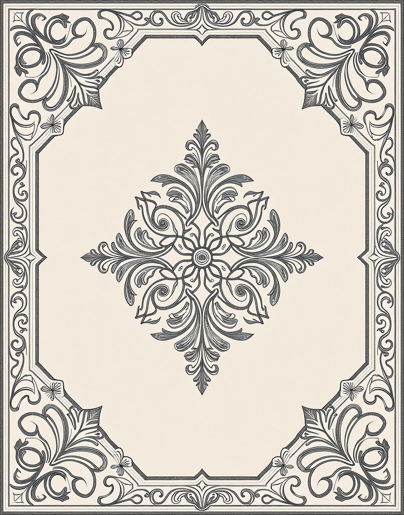 Cream Ivory Scrollwork Medallion Border Rug