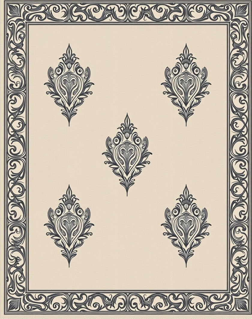 Ornate Ivory Centerpiece Damask Rug