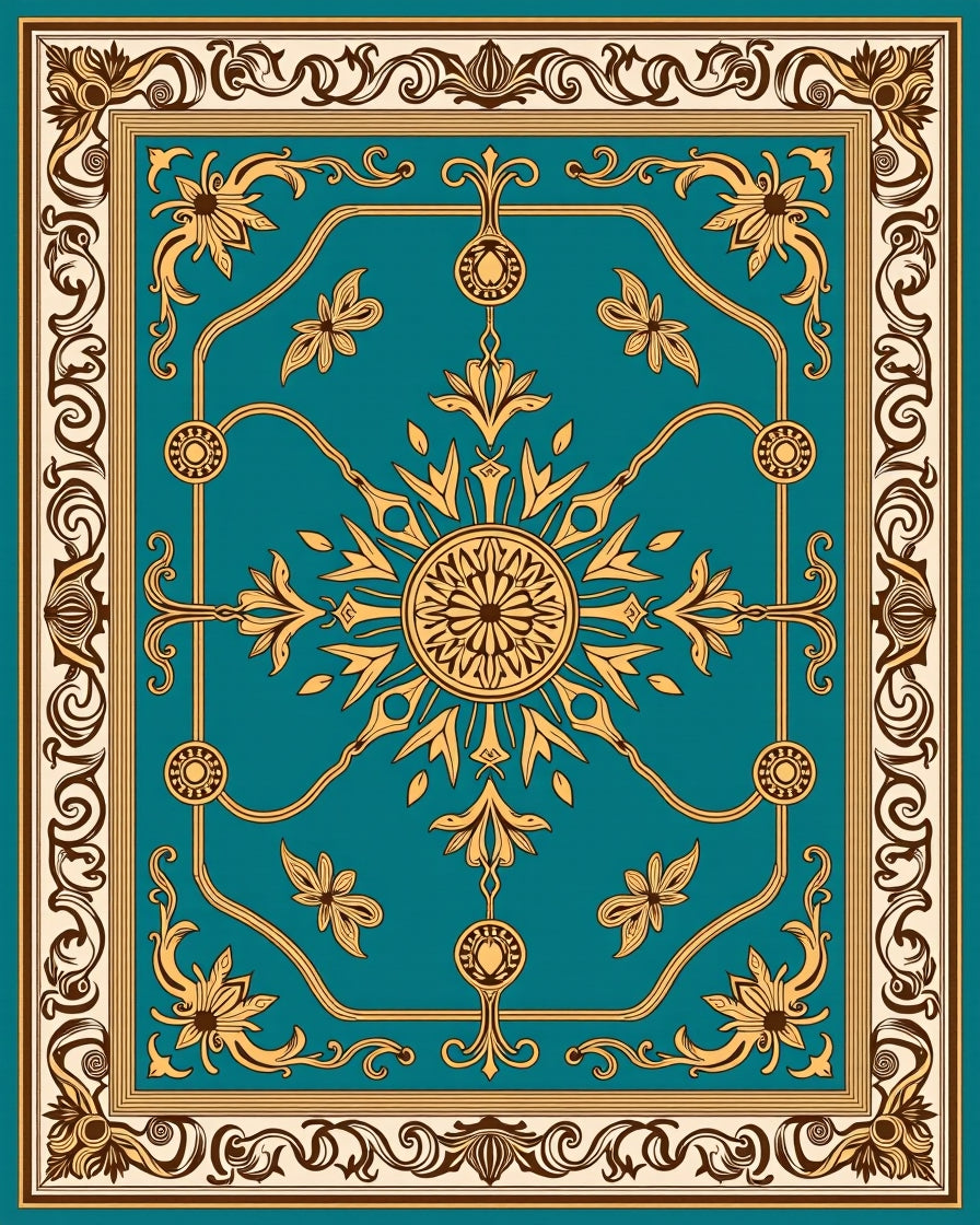 Teal and Gold Floral Sunburst Medallion Rug