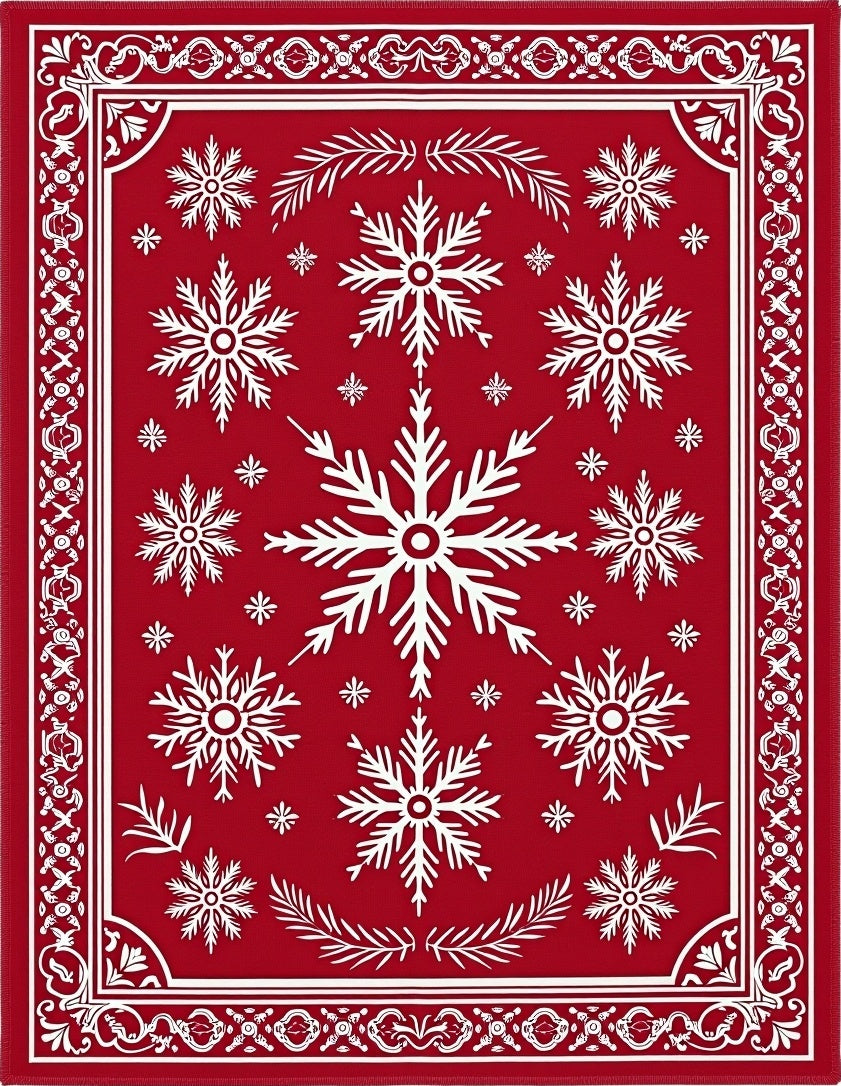 Crimson Snowflakes Ornate Border Rug