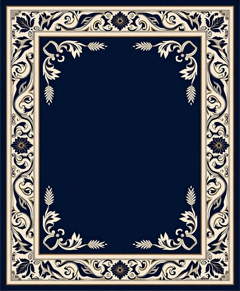 Deep Blue Ivory Floral Border Rug
