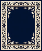 Deep Blue Ivory Floral Border Rug