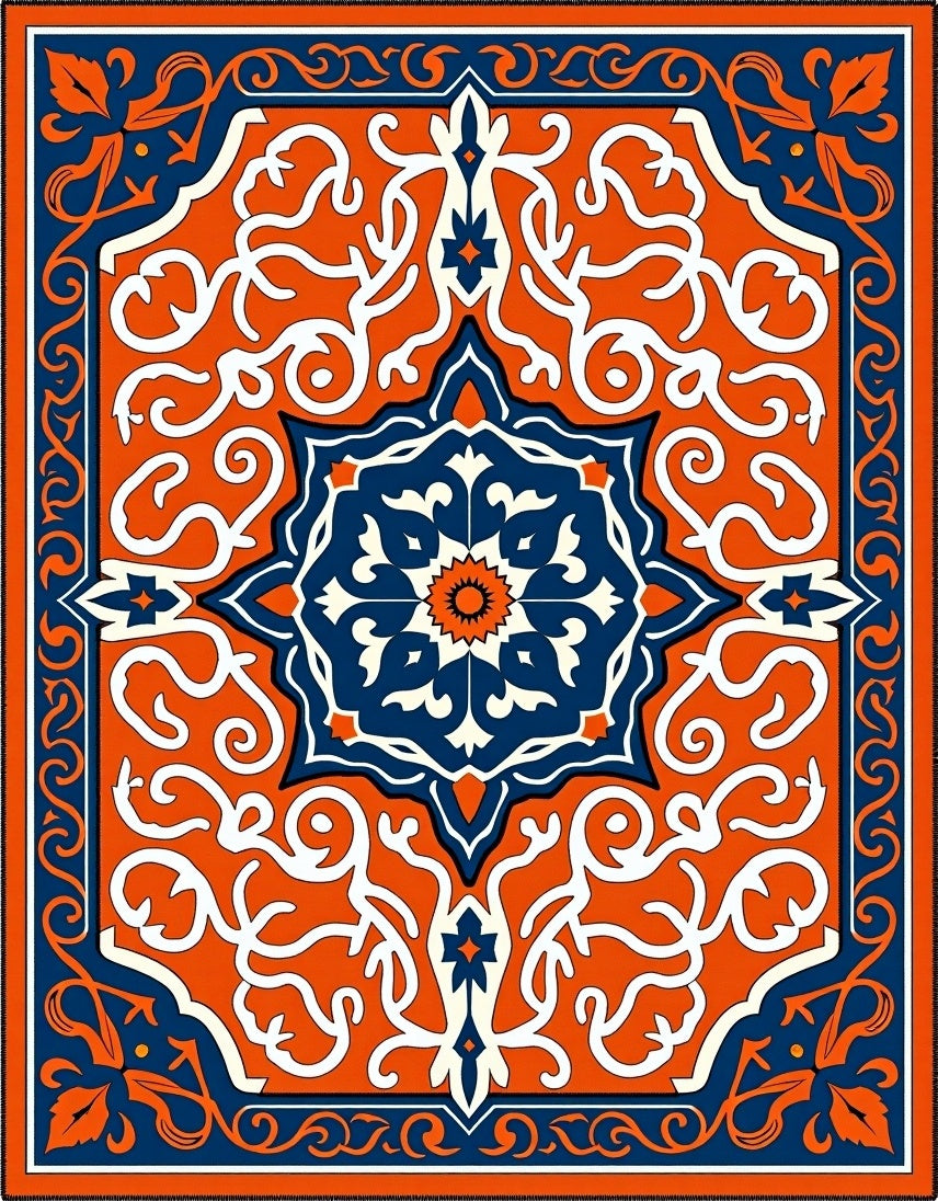 Bold Orange Indigo Floral Medallion Rug