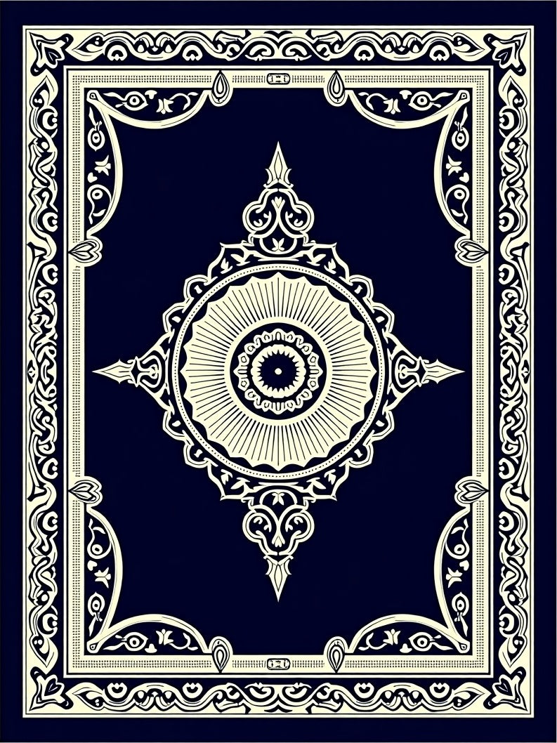 Elegant Navy Cream Medallion Frame Rug