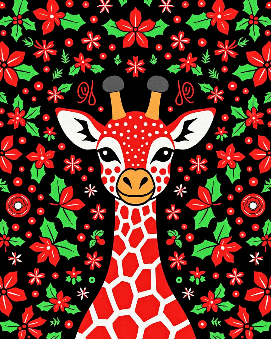 Red Giraffe Poinsettia Holly Christmas Rug
