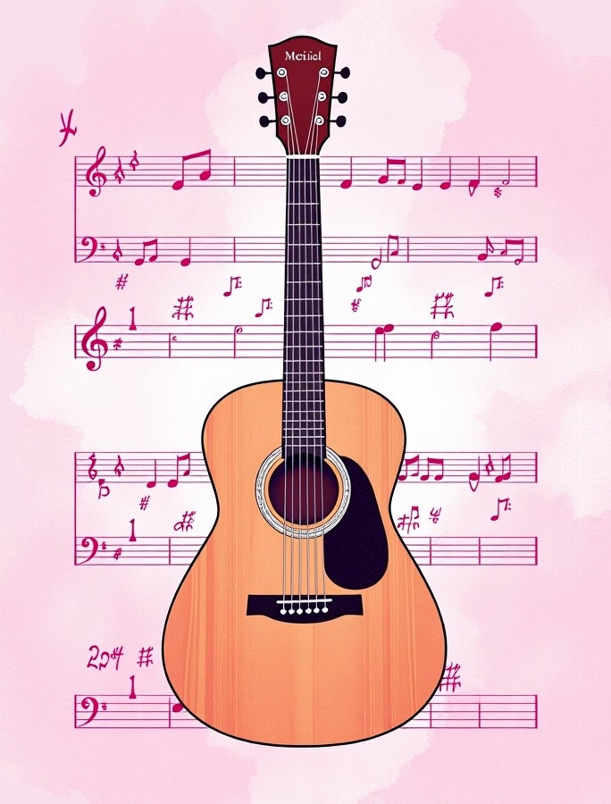 Acoustic Guitar with Pink Music Notes Rug