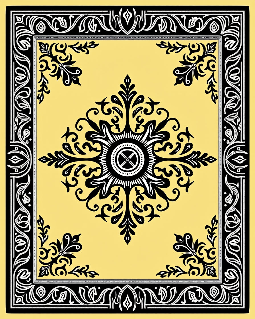 Black Floral Medallion Yellow Border Rug