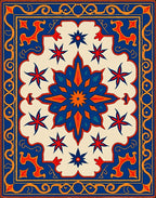 Orange Blue Starburst Medallion Border Layout Rug