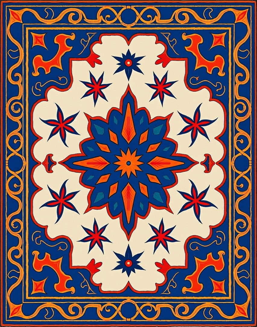 Orange Blue Starburst Medallion Border Layout Rug