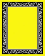 Black White Ornate Yellow Border Rug