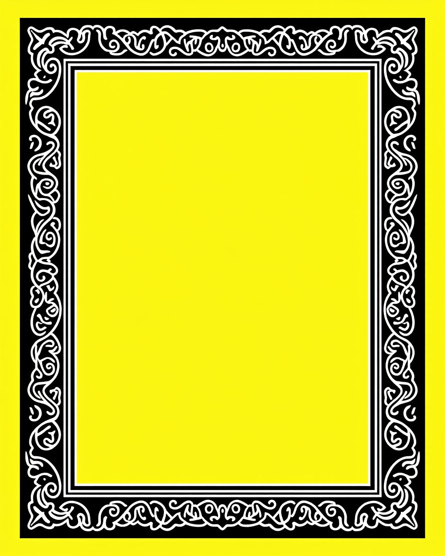 Black White Ornate Yellow Border Rug