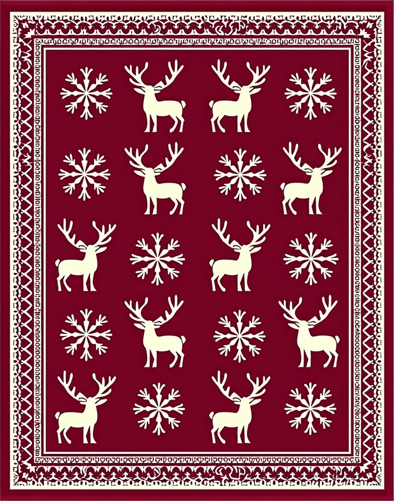 Crimson Reindeer Snowflake Repeating Pattern Rug