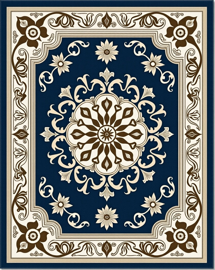 Regal Navy Cream Brown Medallion Rug