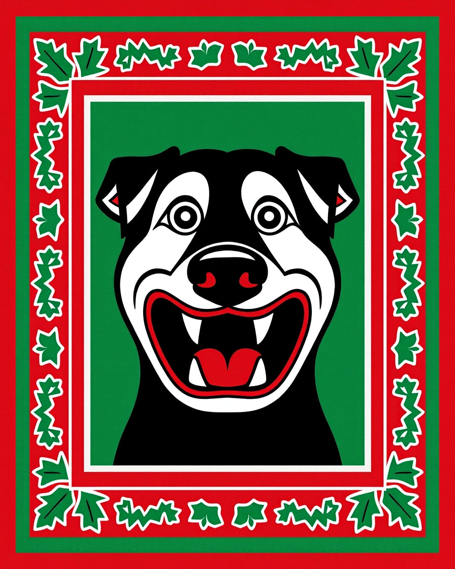 Festive Red Green Dog Portrait Rug
