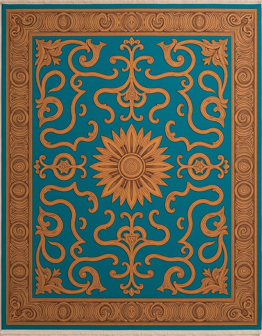 Teal Golden Sunburst Scroll Rug
