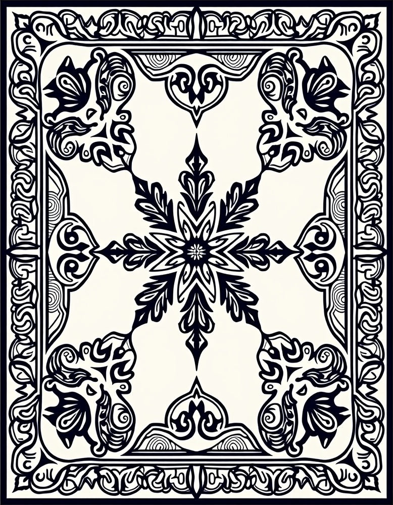 Ornate Black Floral Medallion Border Rug
