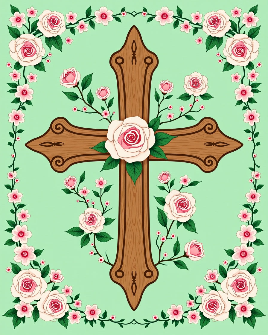 Rose Floral Cross with Wood Texture Rug