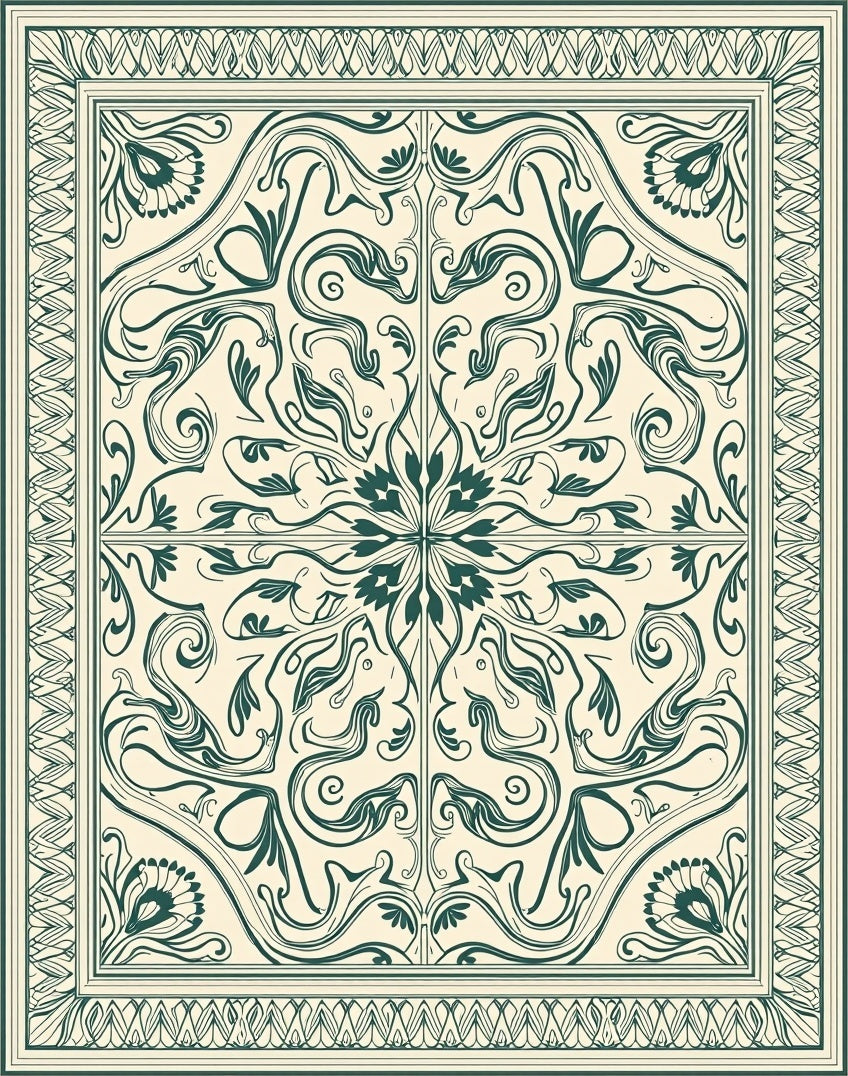 Art Nouveau Teal Floral Scroll Meadow Rug