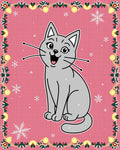 Happy Gray Cat Snowflake Pink Background Rug