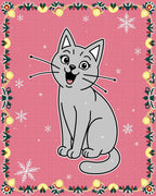 Happy Gray Cat Snowflake Pink Background Rug