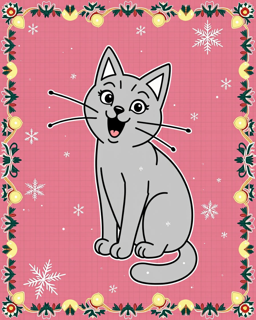 Happy Gray Cat Snowflake Pink Background Rug