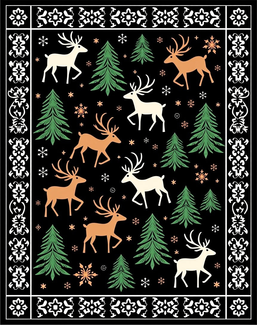 Forest Deer and Snowflakes Border Rug