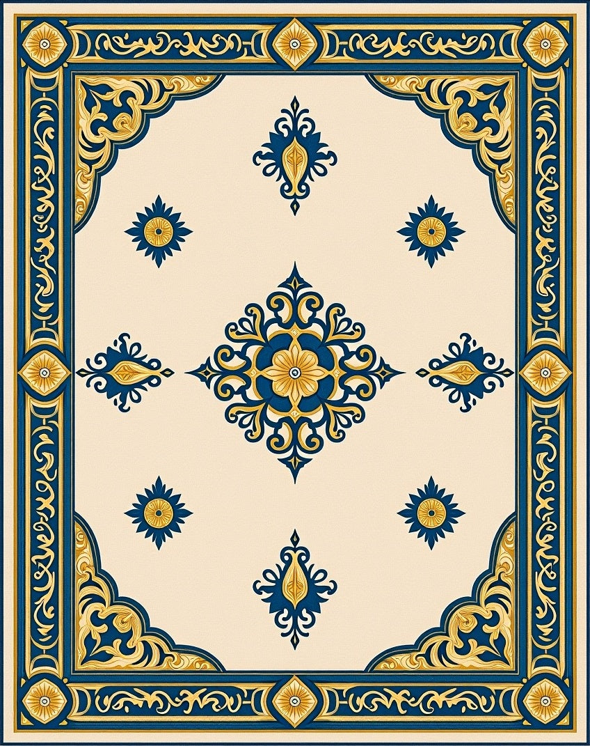 Navy Gold Floral Medallion Scroll Rug