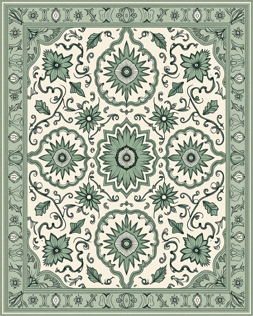 Sage Green Floral Medallion Tapestry Rug