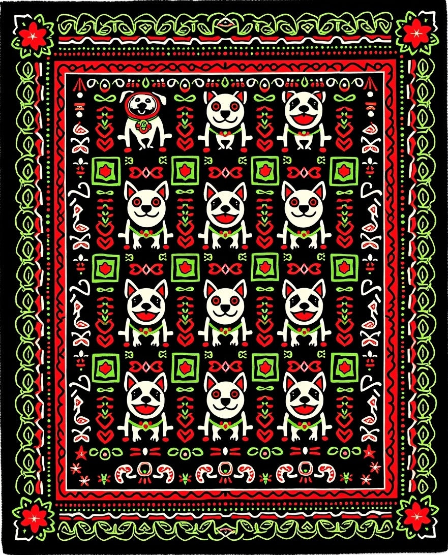 Whimsical Red Green Dog Repeat Rug
