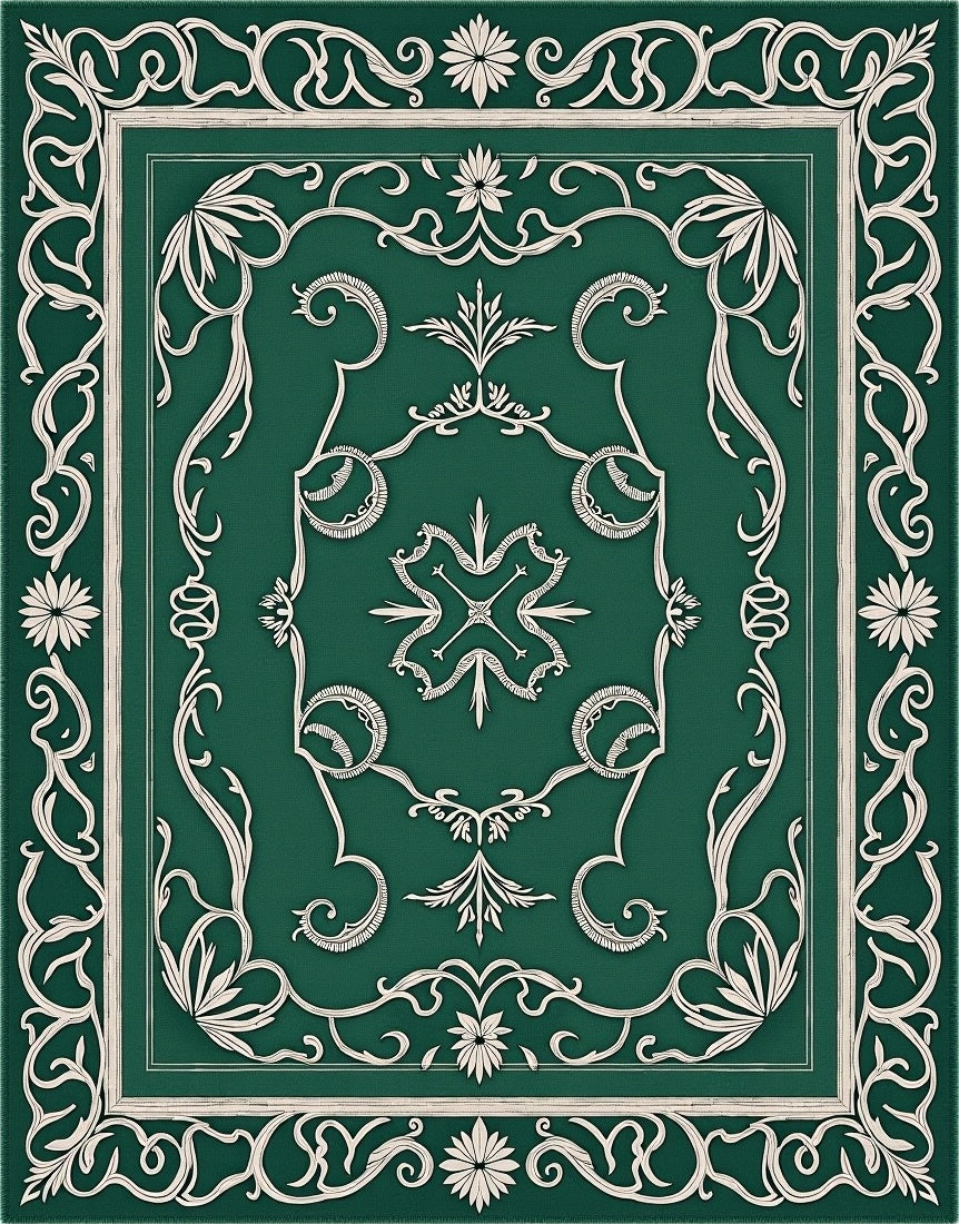 Emerald Green Ivory Floral Border Rug