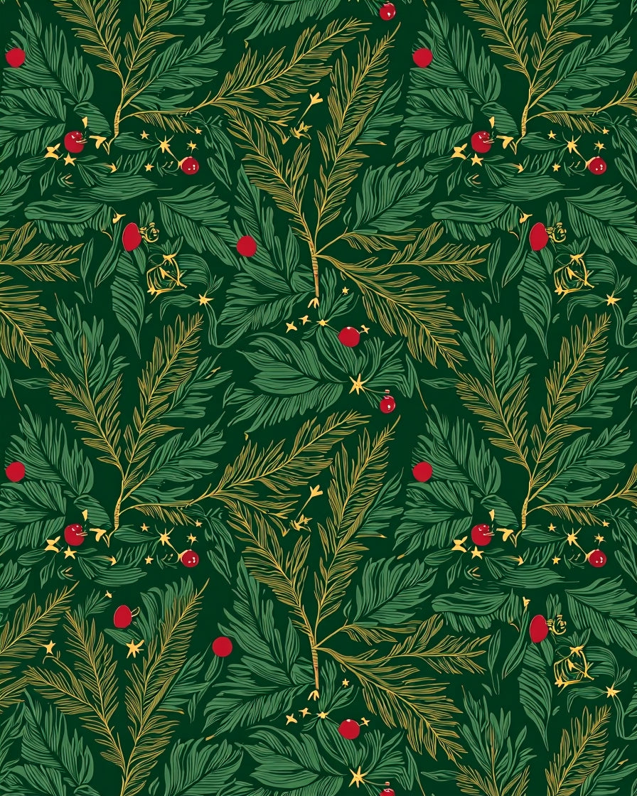 Festive Green Gold Branch Berry Stars Rug