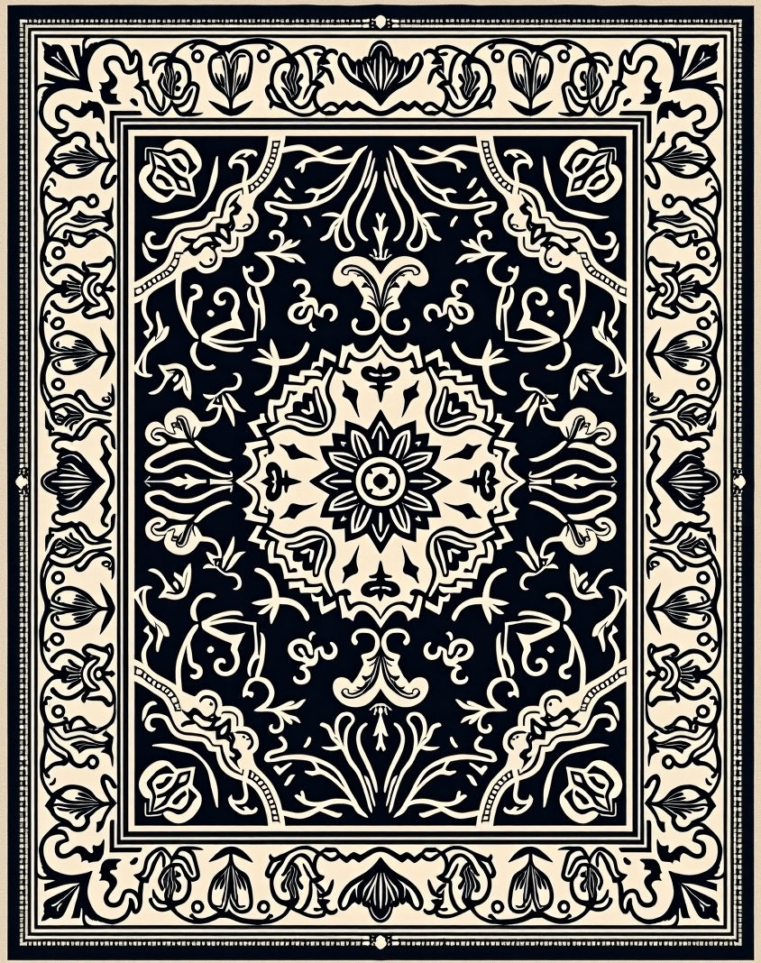Classic Black Cream Medallion Border Rug