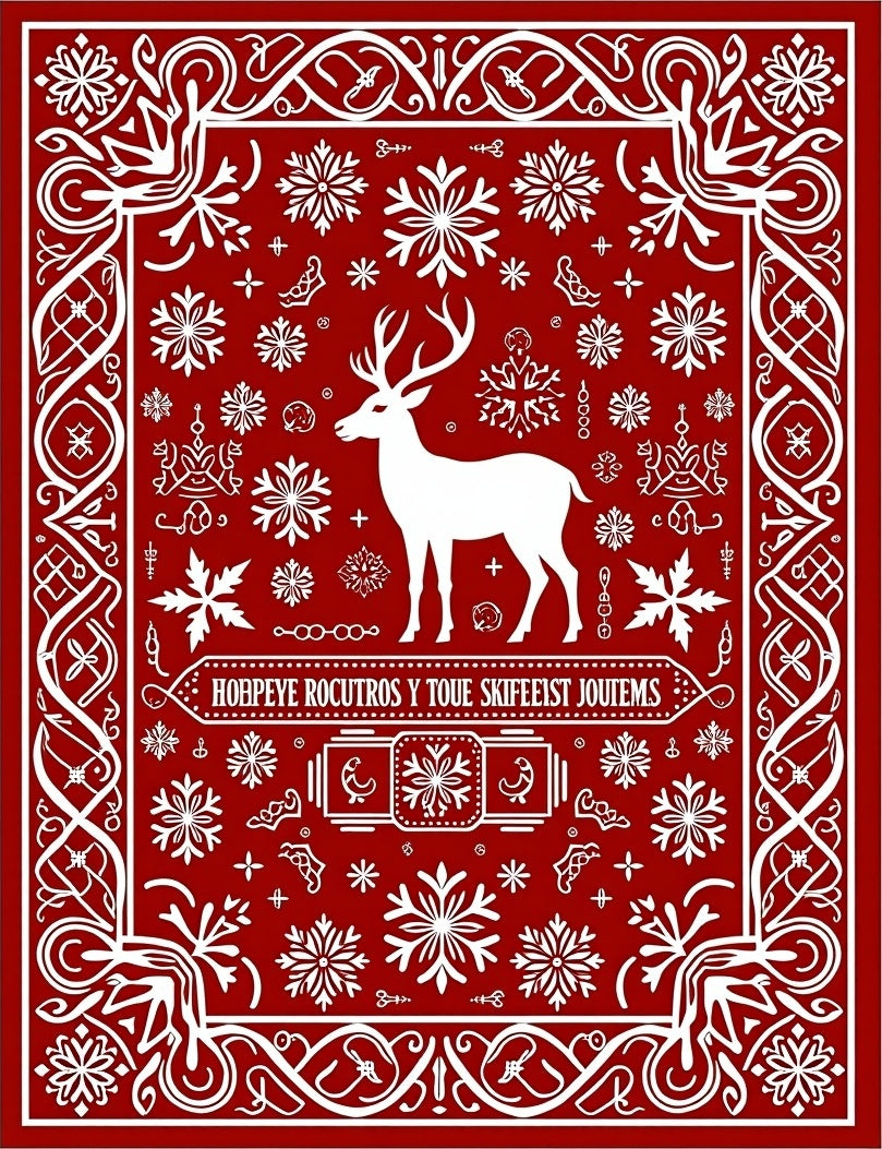 Red White Reindeer Snowflake Scandinavian Rug