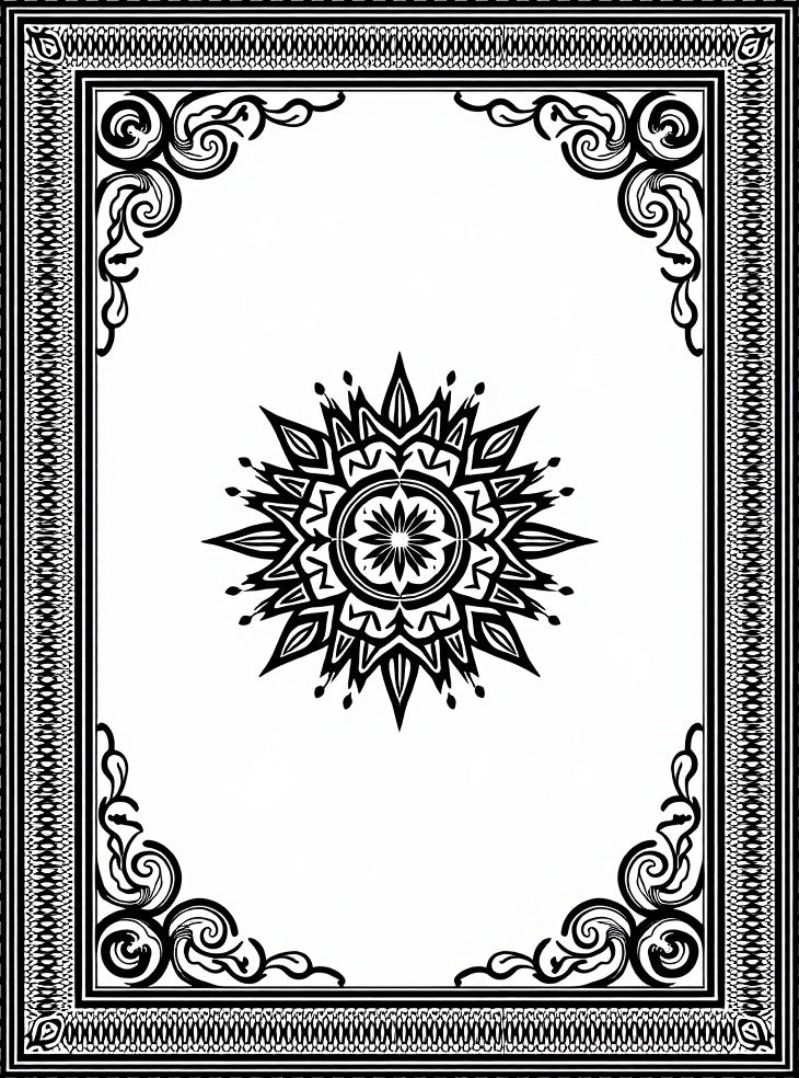 Ornate Black Sunburst Mandala Border Rug