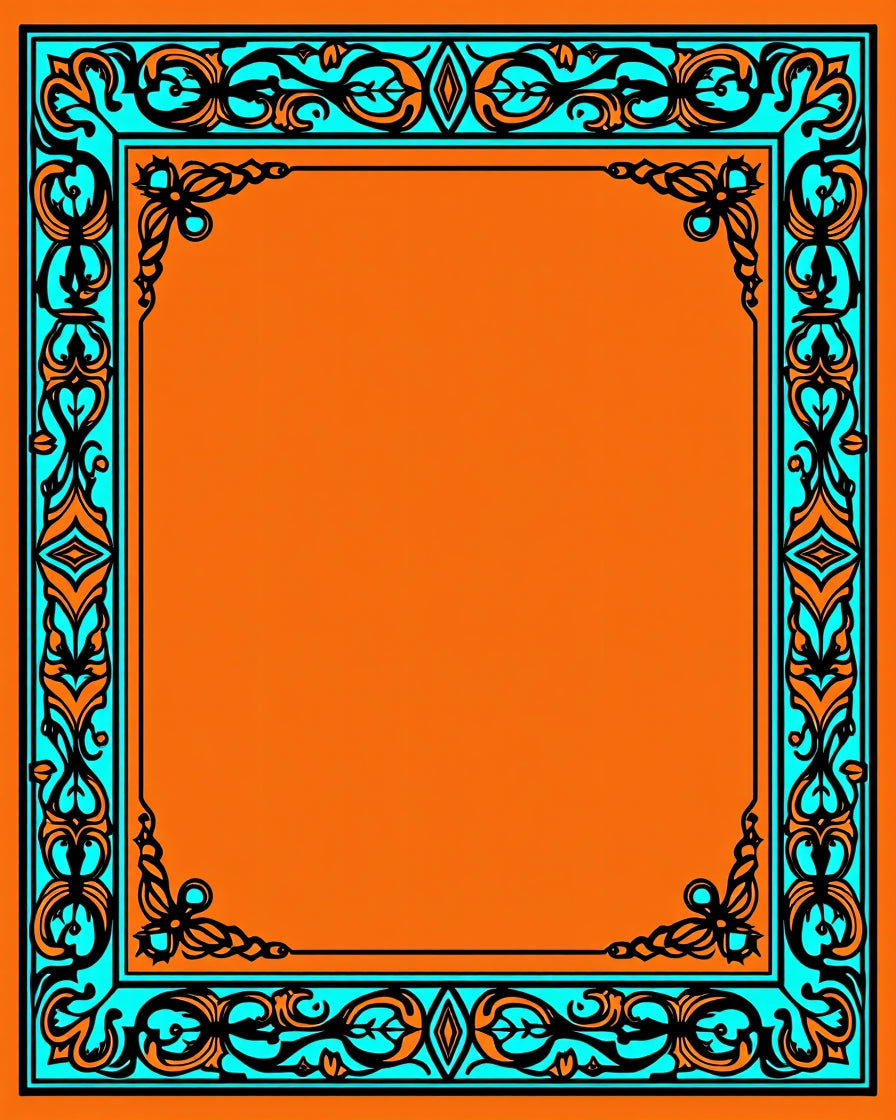 Orange Turquoise Floral Scroll Frame Rug