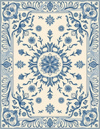 Blue Cream Floral Scroll Medallion Rug