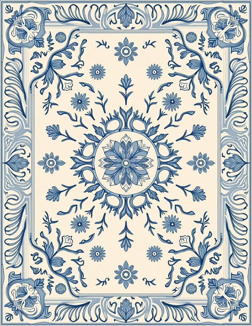 Blue Cream Floral Scroll Medallion Rug