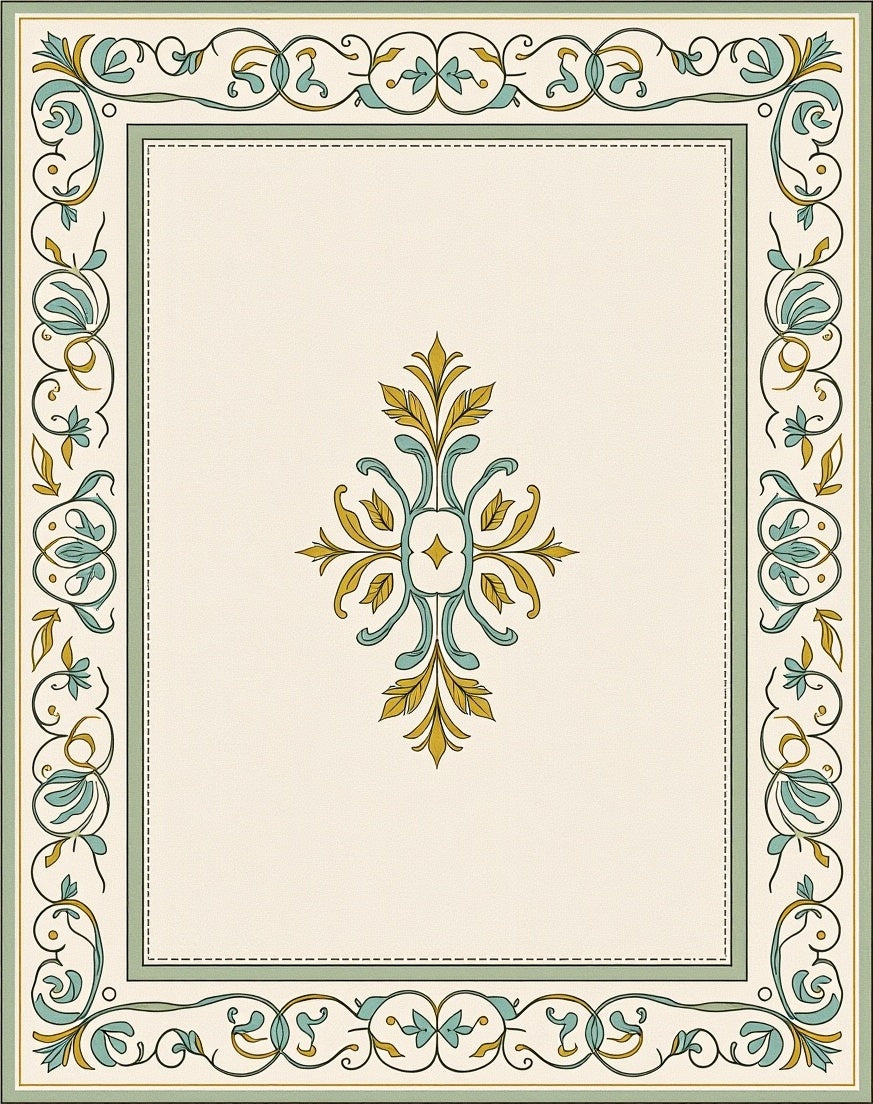 Ornate Cream Teal Golden Scroll Rug
