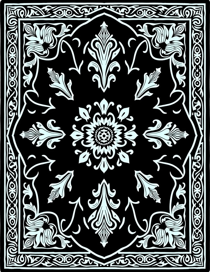 Black White Florals Traditional Medallion Rug