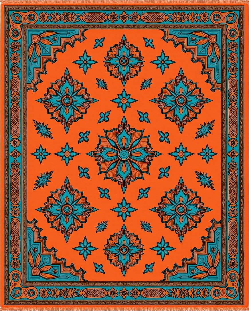 Orange Teal Floral Bloom Medallion Rug