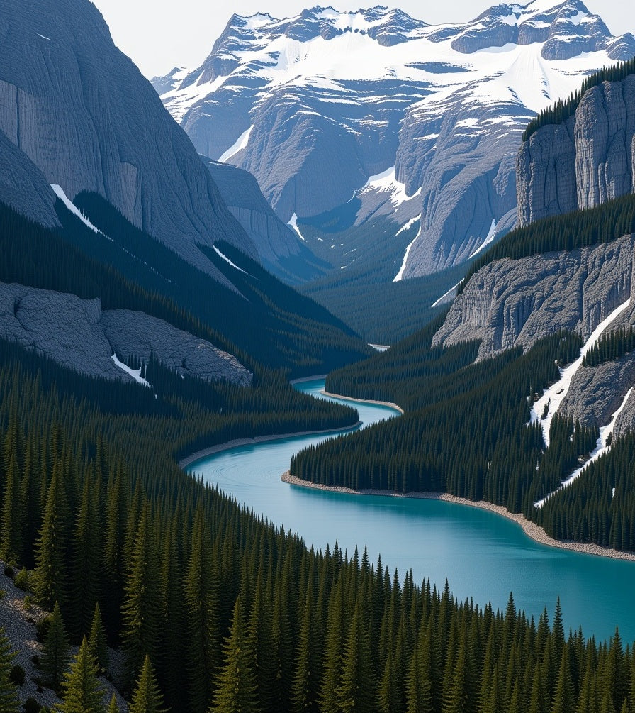 Serene Blue River Winding Mountain Landscape Rug