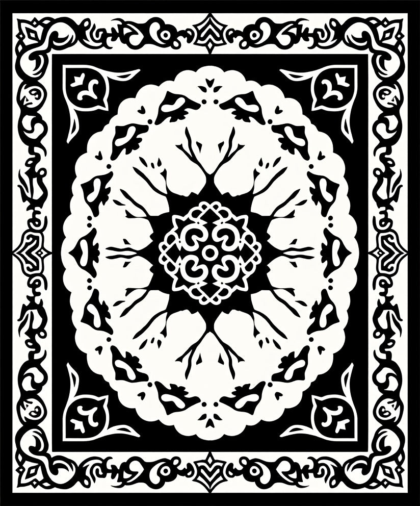 Black White Ornamental Tree Mandala Rug