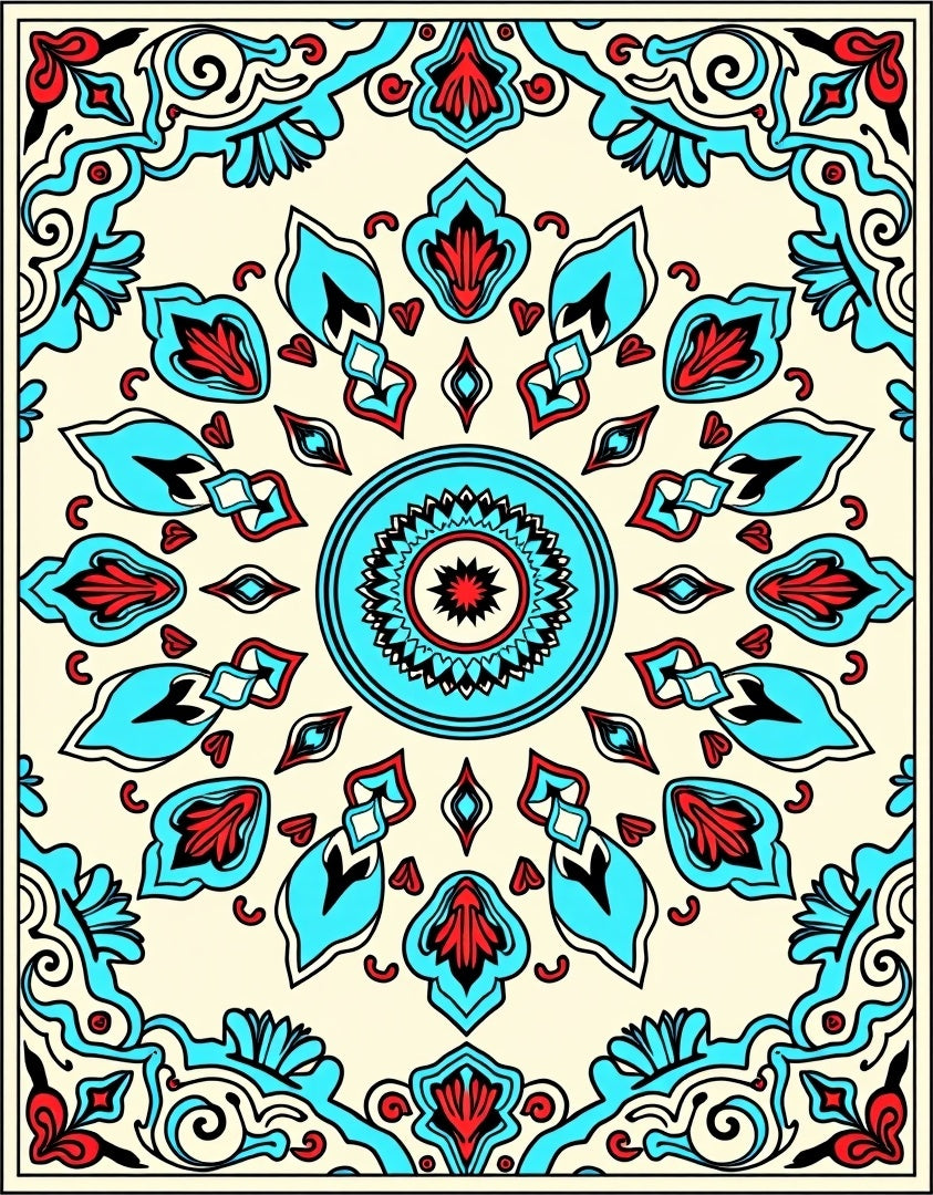 Bright Turquoise Red Floral Medallion Rug