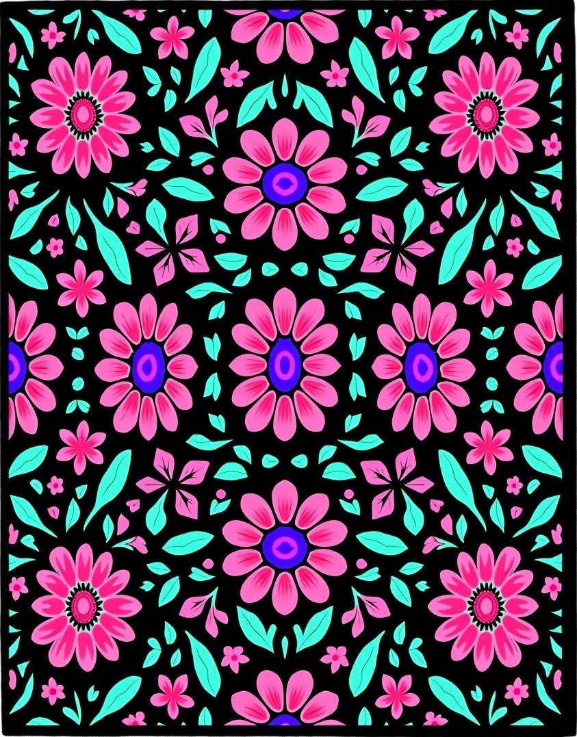 Vibrant Pink Floral Black Ground Rug