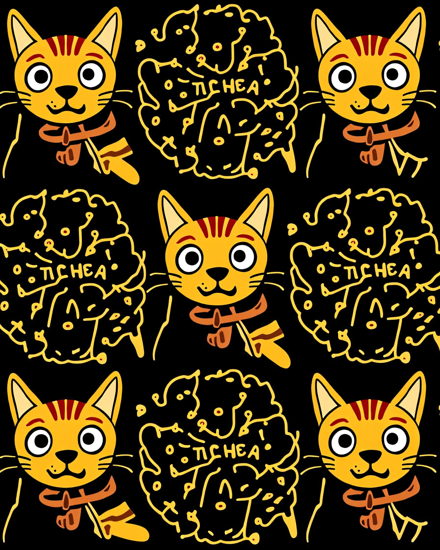 Whimsical Yellow Cat Brain Pattern Rug