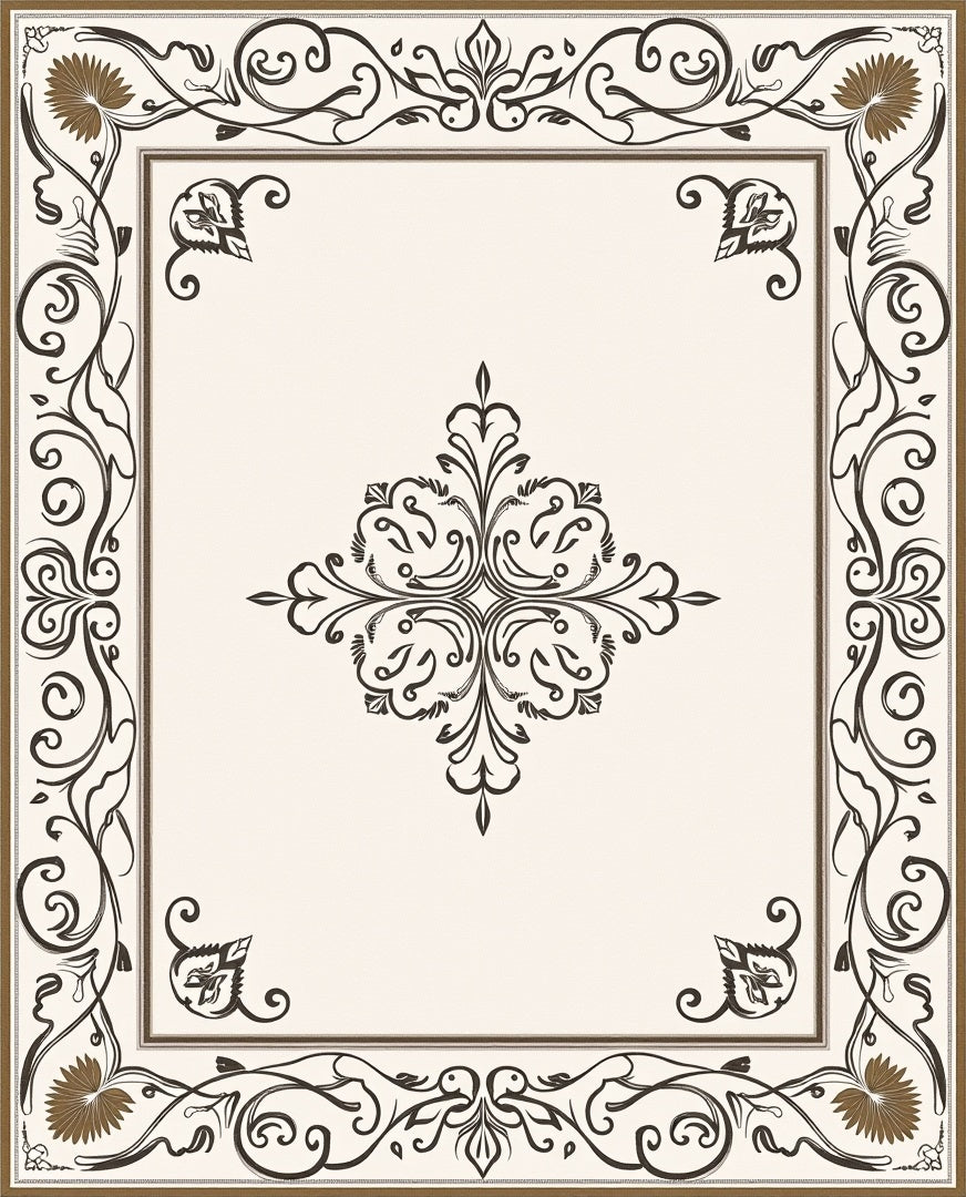 Elegant Brown Golden Floral Scroll Rug