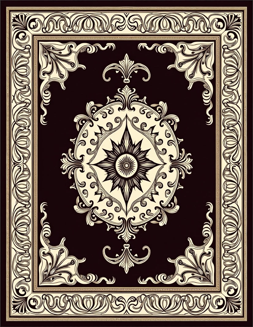 Ornate Ivory Dark Brown Medallion Border Rug