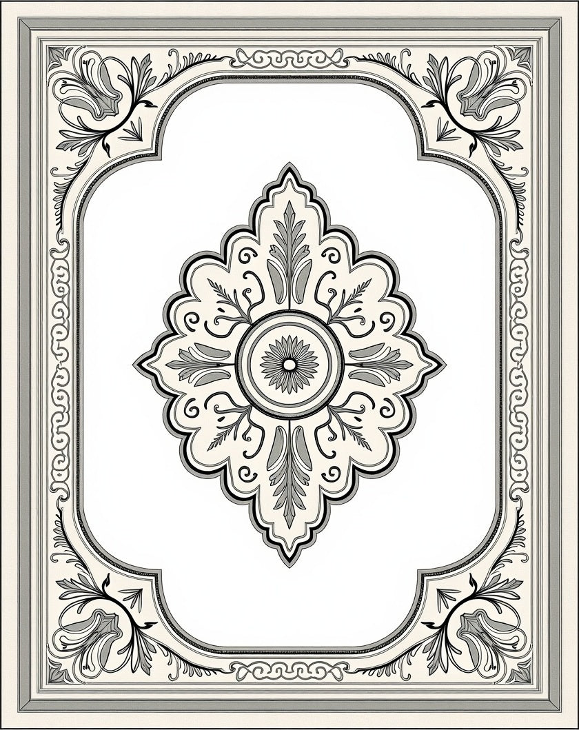 Cream and Gray Floral Medallion Frame Rug